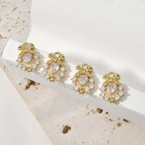 Ciondolo cuore con fiocco placcato oro 14k e zircone per gioielli fai da te 4pz