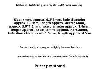 Size chart for faceted pink aurora glass crystal beads with detailed dimensions and hole specs