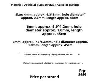 Tabella taglie per perle in vetro cristallo sfaccettato placcato AB da 4mm, 6mm e 8mm