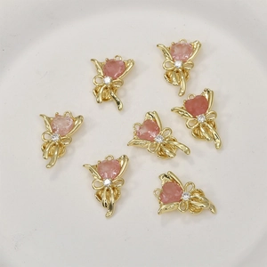 Pendentif cœur plaqué or 14k avec pierre rose et nœud pour la création de bijoux DIY