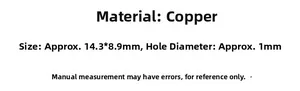 Detailed size specifications for 14k gold-plated copper beads showing 14.3x8.9mm dimensions