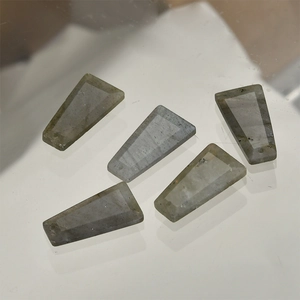 Macro shot of 5 natural trapezoid cut labradorite gemstones for jewelry making
