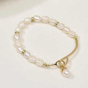 Bracelet en perles baroques avec fermoir OT doré 14k et pendentif en perle goutte