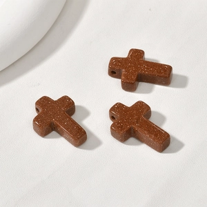 Three brown goldstone cross beads with drill holes for DIY jewelry making
