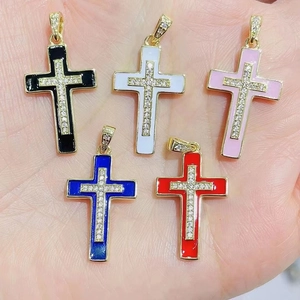 Handheld gold cross necklaces with colorful enamel inlay and sparkling zircon crystals