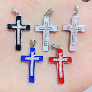 Set of five colorful cross pendants with oil-dripping enamel and micro-set cubic zirconia
