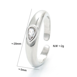 Minimalist polished silver ring with a drop-shaped cubic zirconia and open adjustable band