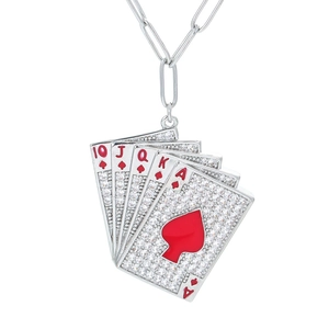 Collana con pendente poker con zirconi scintillanti e catena a graffetta trendy da donna