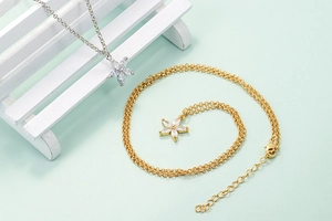 Minimalist five-petal flower necklace with marquise zircon inlay in silver and gold finish