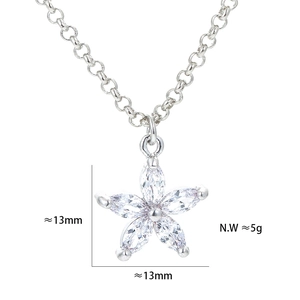 Minimalist silver clover necklace with zircon petals and measurements 13mm by 13mm
