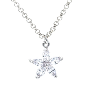Minimalist silver flower necklace with marquise-cut zircon petals on a classic link chain