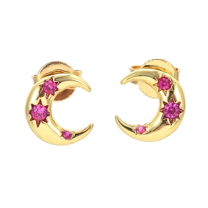 Vintage Copper Crescent Moon Stud Earrings Colorful Zirconia Inlaid Star Moon Earrings Electroplated Jewelry For Women