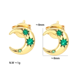 Close-up of 8mm crescent moon studs in gold finish with three green zircons per earring