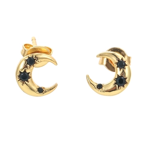 Gold crescent moon stud earrings with black zircon stars and polished metallic finish