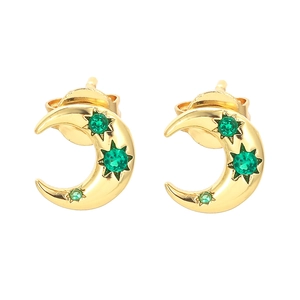 Chic gold crescent moon and star stud earrings with sparkling green zircon crystals