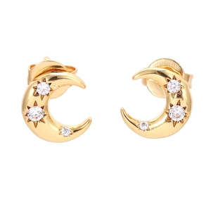 Golden crescent moon stud earrings with sparkling star-set cubic zirconia stones