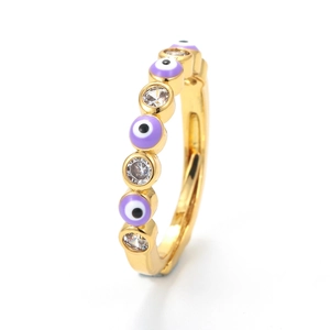Πανκ χρυσό δαχτυλίδι με μωβ χάντρες evil eye και διαφανείς πέτρες ζιργκόν