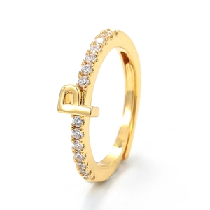 Bague ajustable dorée lettre P sertie de zircons brillants de style coréen minimaliste