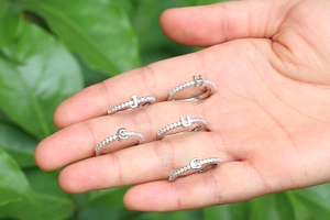 Détail macro de bagues alphabet argentées serties de zircons étincelants pour femmes