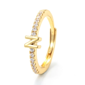 Bague lettre N ajustable dorée avec pavage de zircons au style coréen minimaliste