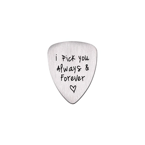 Guitar pick pendant in brushed stainless steel with i Pick you Always & Forever engraving