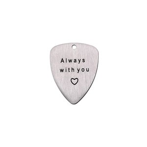 Brushed titanium steel guitar pick pendant engraved with ALWAYS WITH YOU and heart symbol
