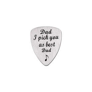 Brushed stainless steel guitar pick for Dad with engraved sentimental text and music note