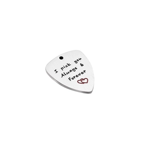 Pendentif médiator de guitare en acier inox avec cœur et gravure I pick you Always & Forever