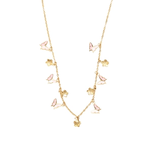 Pink butterfly and gold flower necklace in 18K gold plated stainless steel on white back