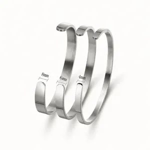 Three-piece minimalist stainless steel C-shaped open bangles in 8mm, 6mm, and 4mm widths