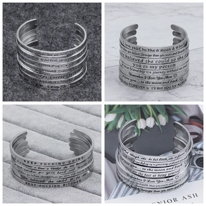 Minimalist stainless steel cuff bracelet with inspirational engravings in silver finish