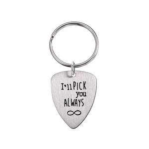 Polished stainless steel guitar pick keychain with I'll Pick You Always engraving