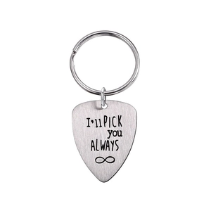 Polished stainless steel guitar pick keychain with I'll Pick You Always engraving