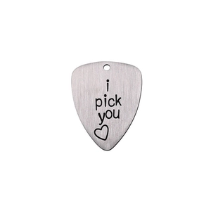 Brushed stainless steel guitar pick pendant with i pick you heart engraving