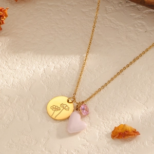 Goldene Edelstahlkette mit rosa Herz und floralem Rundanhänger als SPU-Variante