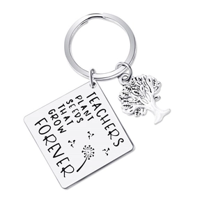 Silver tree of life keychain with teacher appreciation quote on polished stainless steel