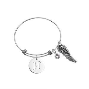 Details des silbernen Titanstahl-Armbands mit H-Anhänger, Flügelcharm und Kristall