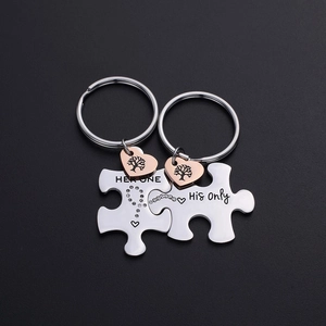 Couples stainless steel puzzle keychain set with Her One and His Only engraving