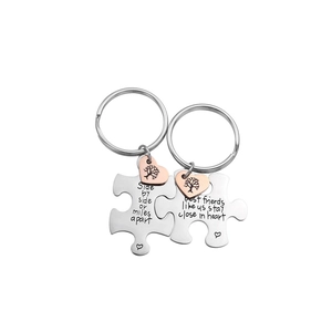 Stainless Steel Puzzle Keychain Couples Best Friend Side By Side Engraved Heart Tree Key Ring Jewelry Gift