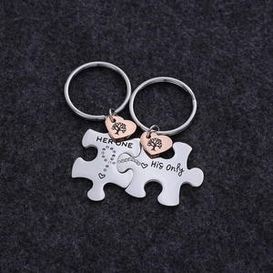 Couples stainless steel puzzle keychains with Her One and His Only engravings