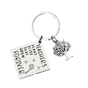 Polished stainless steel Tree of Life keychain with engraved teacher appreciation quote