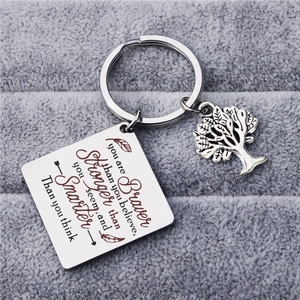 Minimalist 316L Stainless Steel Inspirational Quote Square Keychain With Alloy Tree Of Life Charm Silver Polished Key Ring
