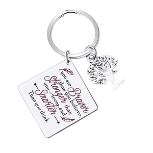 Titanium steel keychain with Tree of Life charm and motivational engraved square pendant