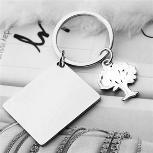 Silver stainless steel keychain with square tag and tree of life pendant on circular ring