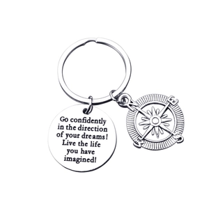 Porte-clés boussole en acier inoxydable poli avec gravure d'une citation inspirante