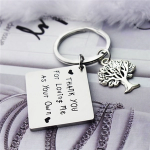 Stainless steel square keychain with tree of life charm and thank you engraving
