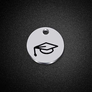 Polished round stainless steel graduation cap pendant necklace with engraved design