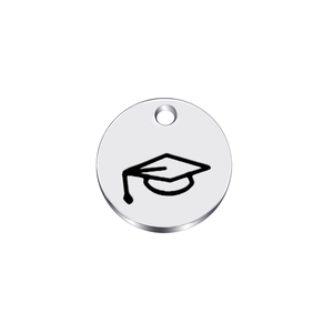 Polished titanium steel round charm with engraved graduation cap icon for gifts