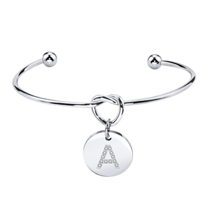 Bracelet Jonc Ouvert en Acier Inoxydable Avec Nœud pour Femme Pendentif Rond Lettre Initiale en Strass Bijoux Haute Polie