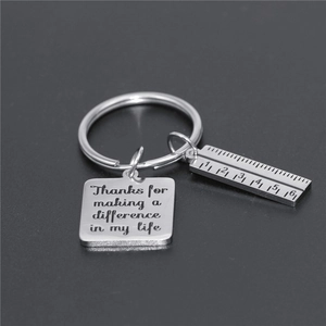 Detailed macro view of silver steel ruler and engraved gratitude quote keychain charm